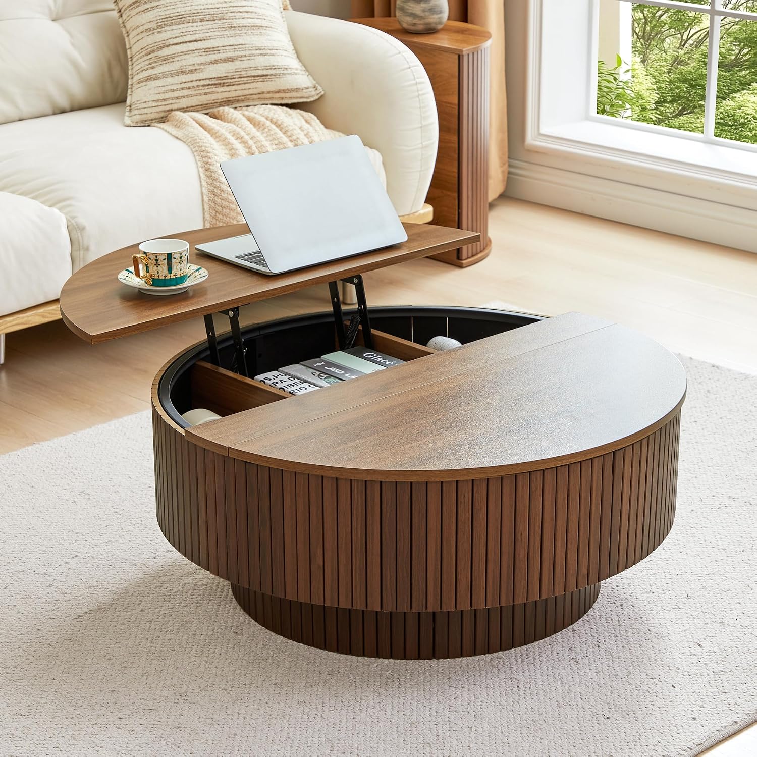 Office Furniture Brands - 33インチの丸型コーヒーテーブル、リフトトップとフリップトップ収納付き、モダンなアクセントが施された溝付きコーヒーテーブル、金属フレーム付き、木製円形センターテーブル、リビングルーム、狭いスペース、アパート、オフィス用、ウォールナット